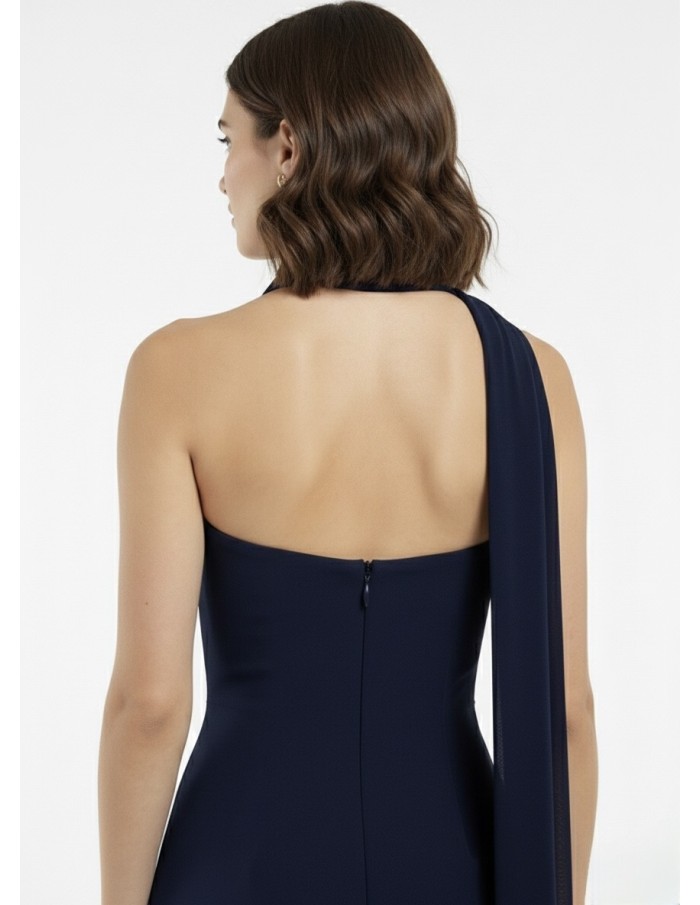 ROBE LONGUE BLEU MARINE BUSTIER AVEC DÉTAIL FOULARD - FEMME