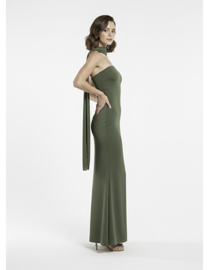 ROBE LONGUE KAKI BUSTIER AVEC DÉTAIL FOULARD - FEMME