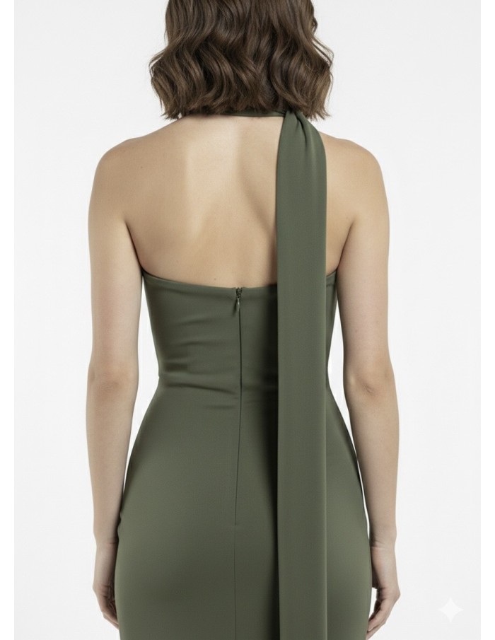 ROBE LONGUE KAKI BUSTIER AVEC DÉTAIL FOULARD - FEMME