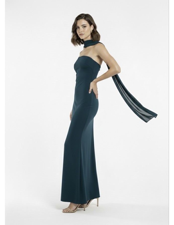 ROBE LONGUE BLEU CANARD BUSTIER AVEC DÉTAIL FOULARD - FEMME