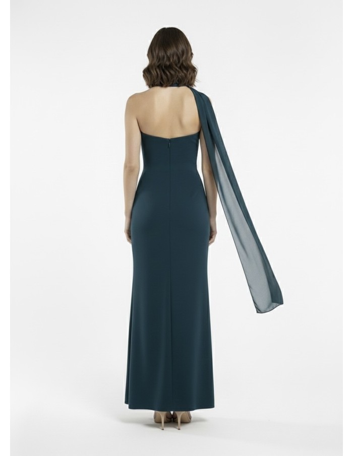 ROBE LONGUE BLEU CANARD BUSTIER AVEC DÉTAIL FOULARD - FEMME