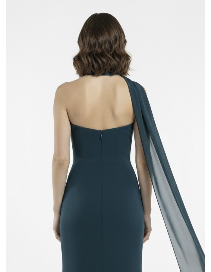 ROBE LONGUE BLEU CANARD BUSTIER AVEC DÉTAIL FOULARD - FEMME