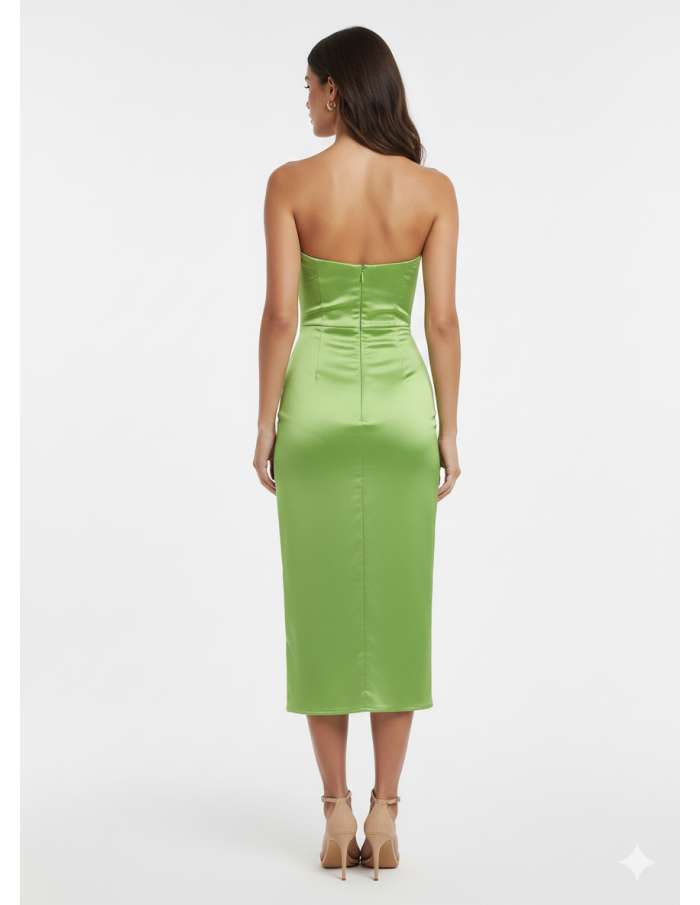 ROBE MI-LONGUE VERTE SATINÉE DÉCOLLETÉ V - FEMME