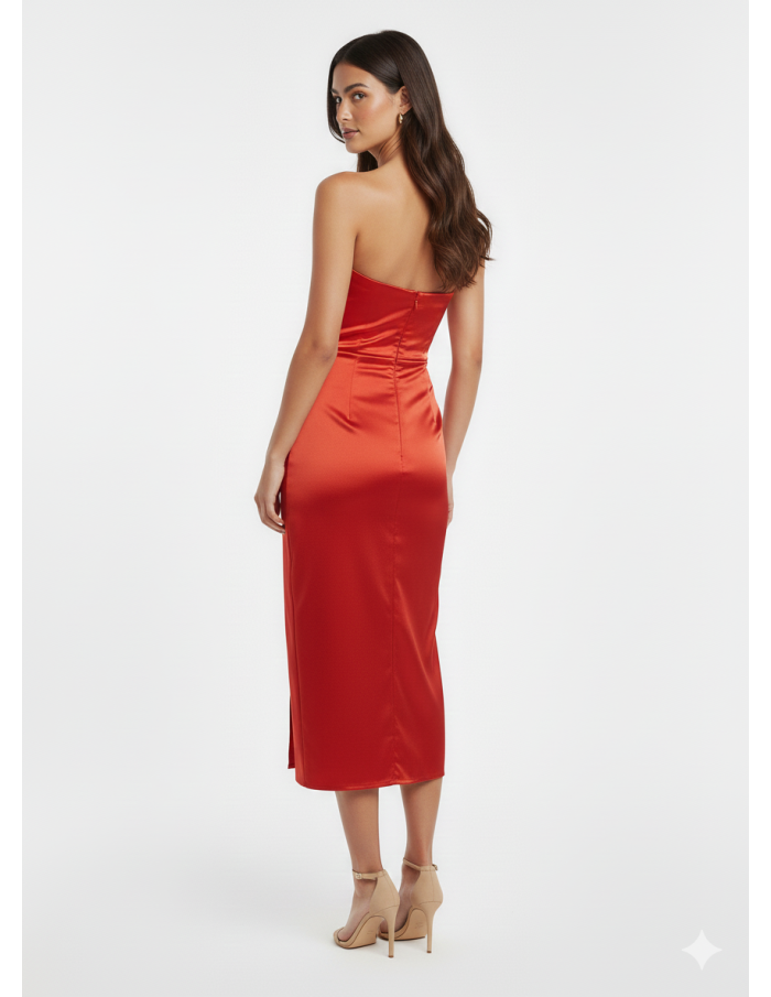 ROBE MI-LONGUE ROUGE SATINÉE DÉCOLLETÉ V - FEMME