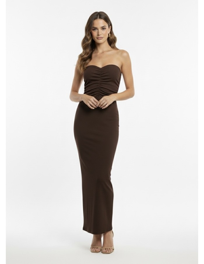 ROBE LONGUE MARRON FONCÉ BUSTIER EFFET FRONCÉ - FEMME