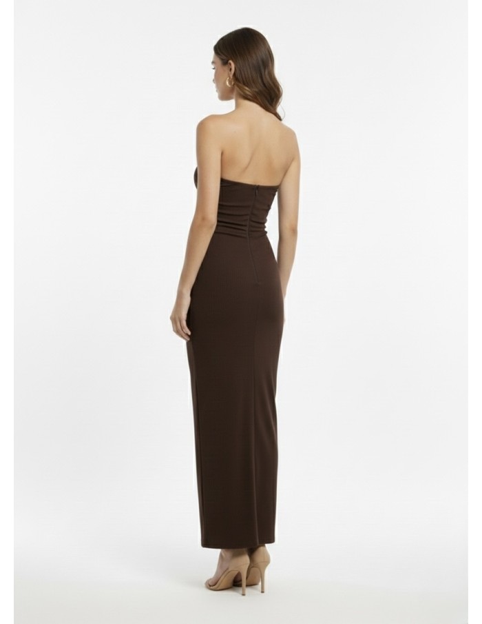 ROBE LONGUE MARRON FONCÉ BUSTIER EFFET FRONCÉ - FEMME