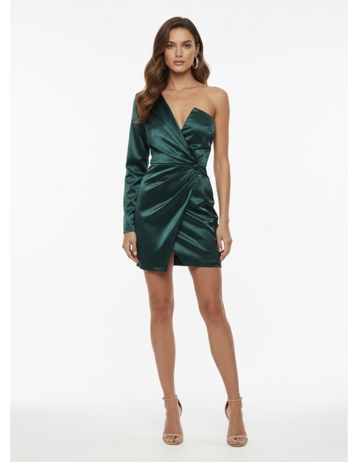 Robe Courte asymétrique Satinée Verte  – FEMME