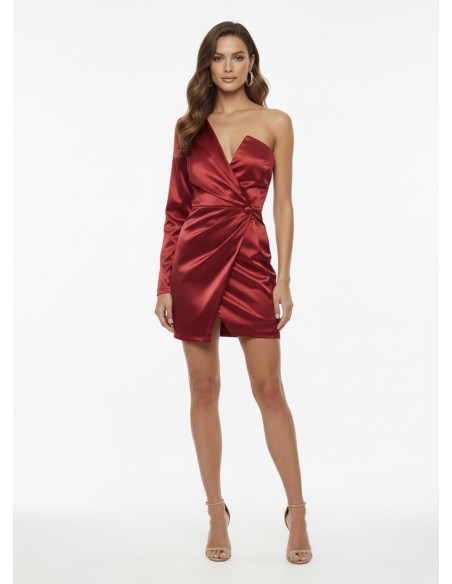 ROBE COURTE ASYMÉTRIQUE SATINÉE ROUGE – FEMME
