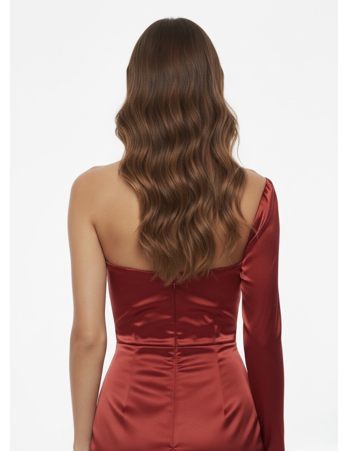 ROBE COURTE ASYMÉTRIQUE SATINÉE ROUGE – FEMME