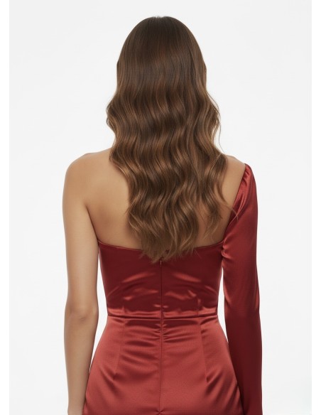 ROBE COURTE ASYMÉTRIQUE SATINÉE ROUGE – FEMME