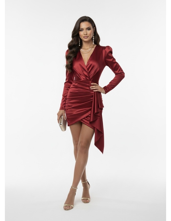 ROBE COURTE SATINÉE ROUGE MANCHES LONGUES & DRAPÉ