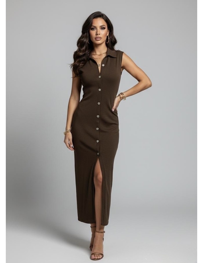 ROBE LONGUE SANS MANCHES MARRON BOUTONNÉE & FENTE - FEMME