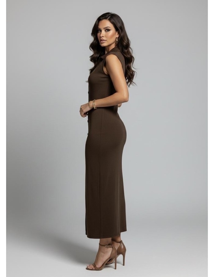 ROBE LONGUE SANS MANCHES MARRON BOUTONNÉE & FENTE - FEMME