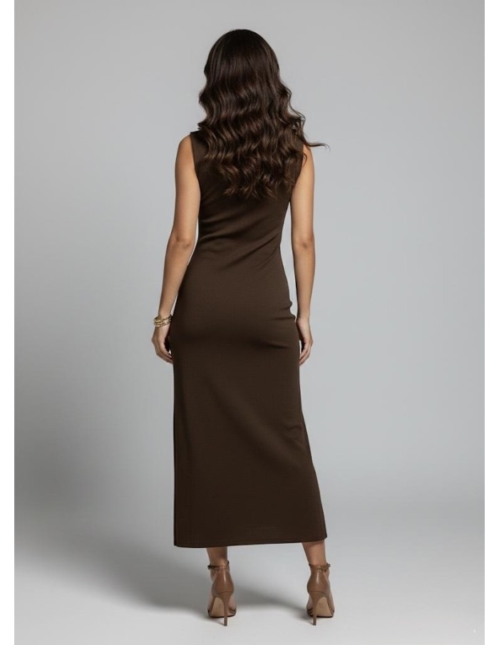 ROBE LONGUE SANS MANCHES MARRON BOUTONNÉE & FENTE - FEMME