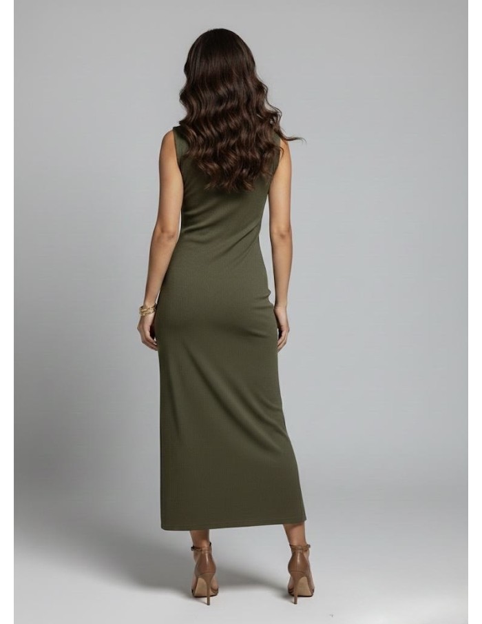 ROBE LONGUE SANS MANCHES KAKI BOUTONNÉE & FENTE - FEMME