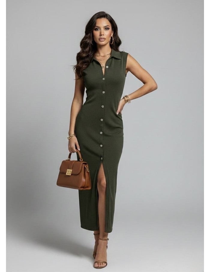ROBE LONGUE SANS MANCHES KAKI BOUTONNÉE & FENTE - FEMME