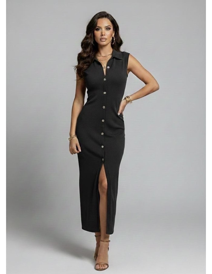 ROBE LONGUE SANS MANCHES NOIR BOUTONNÉE & FENTE - FEMME