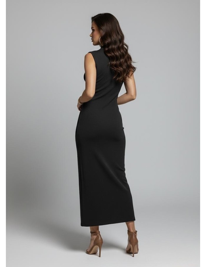 ROBE LONGUE SANS MANCHES NOIR BOUTONNÉE & FENTE - FEMME