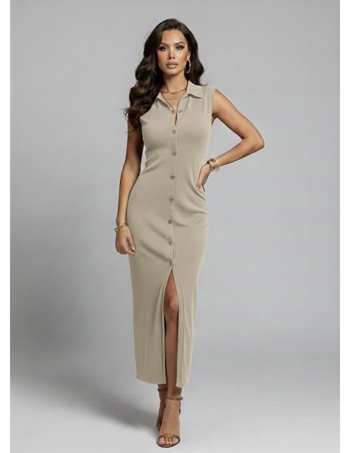 ROBE LONGUE SANS MANCHES BEIGE BOUTONNÉE & FENTE - FEMME
