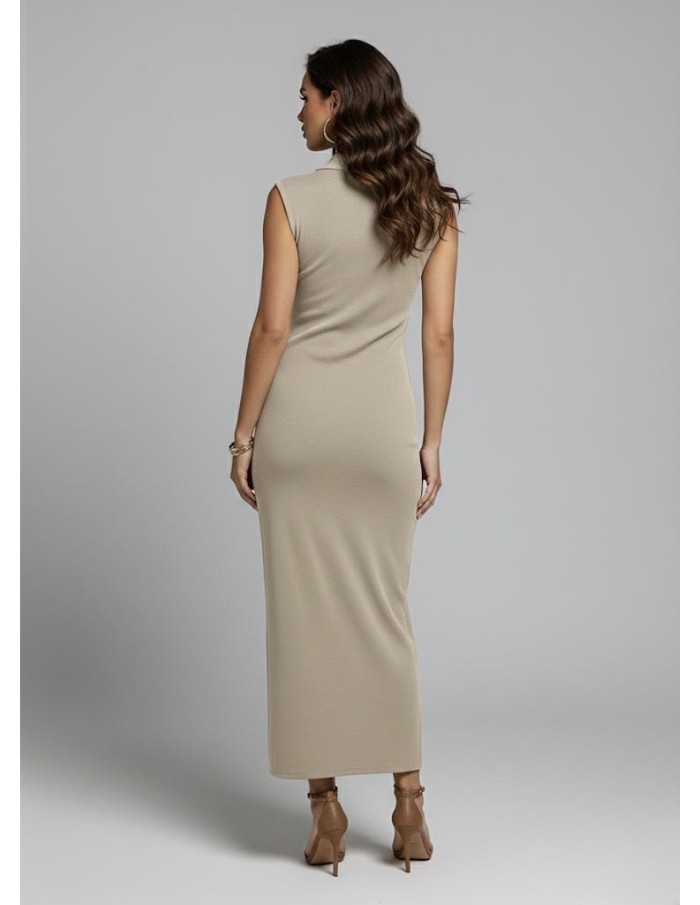 ROBE LONGUE SANS MANCHES BEIGE BOUTONNÉE & FENTE - FEMME
