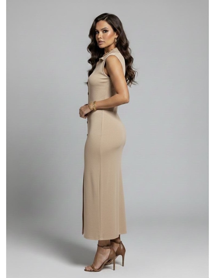 ROBE LONGUE SANS MANCHES BEIGE BOUTONNÉE & FENTE - FEMME