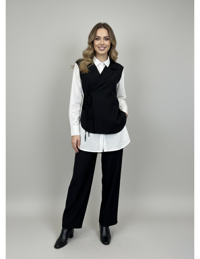 ENSEMBLE CHEMISE BLANCHE AVEC GILET NOIR INTÉGRÉ & PANTALON - FEMME