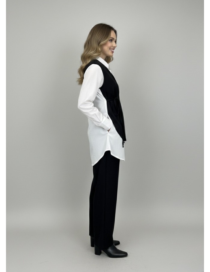 ENSEMBLE CHEMISE BLANCHE AVEC GILET NOIR INTÉGRÉ & PANTALON - FEMME