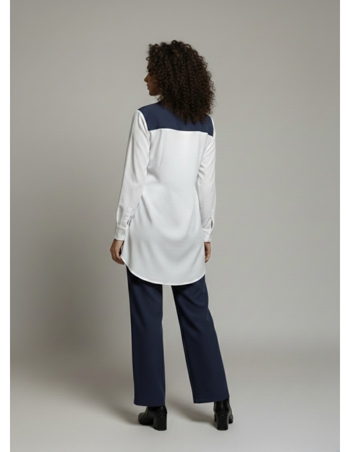 ENSEMBLE CHEMISE BLANCHE AVEC GILET BLEU MARINE INTÉGRÉ & PANTALON - FEMME