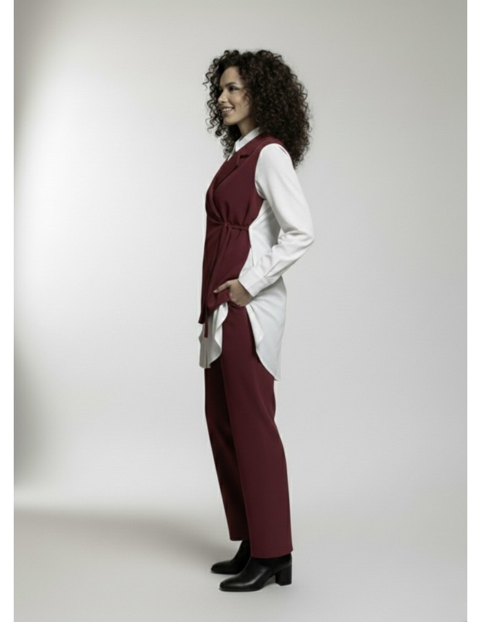 ENSEMBLE CHEMISE BLANCHE AVEC GILET BORDEAU INTÉGRÉ & PANTALON - FEMME
