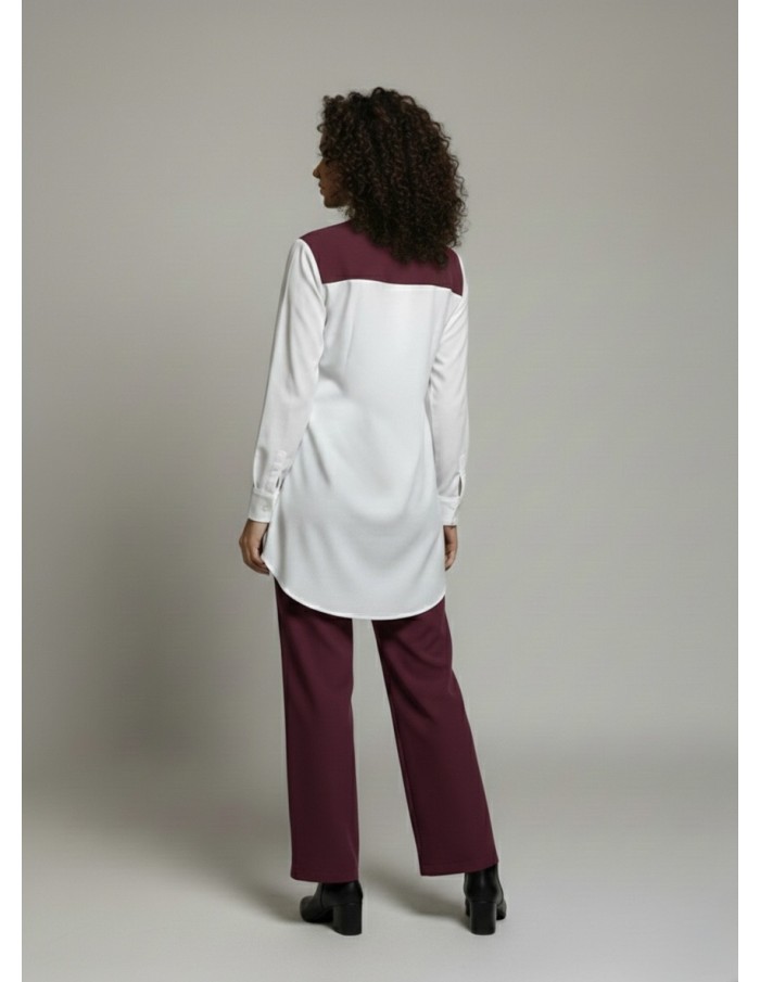 ENSEMBLE CHEMISE BLANCHE AVEC GILET BORDEAU INTÉGRÉ & PANTALON - FEMME