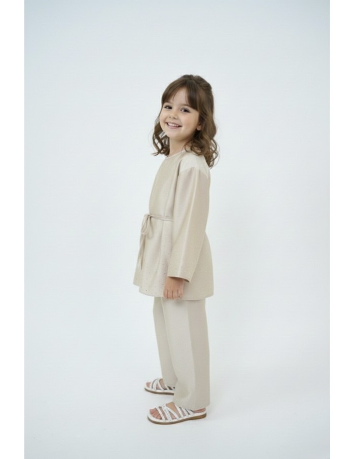 Ensemble satiné beige haut manches longues + pantalon avec strass – fille - Accueil