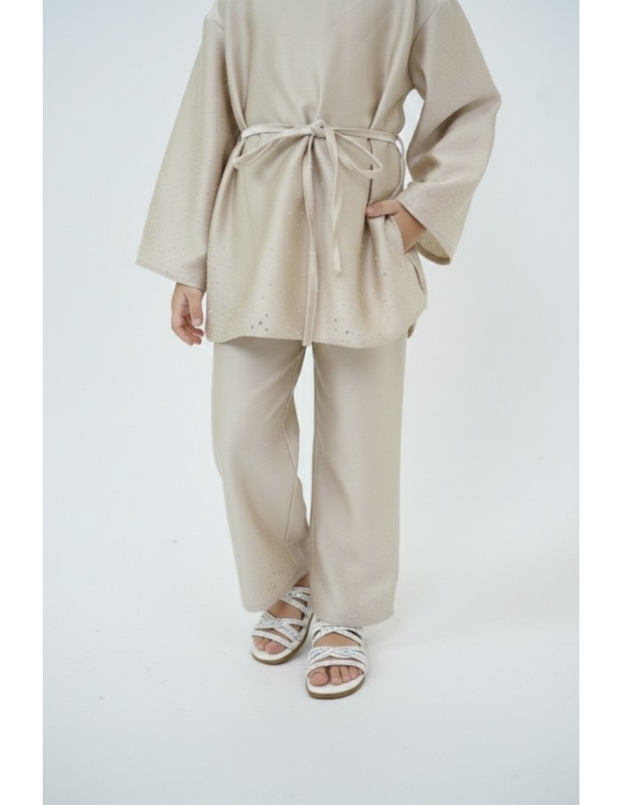 Ensemble satiné beige haut manches longues + pantalon avec strass – fille - Accueil