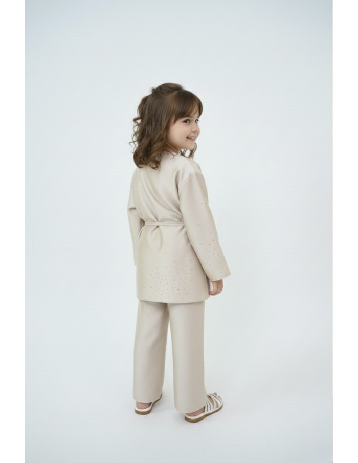 Ensemble satiné beige haut manches longues + pantalon avec strass – fille - Accueil