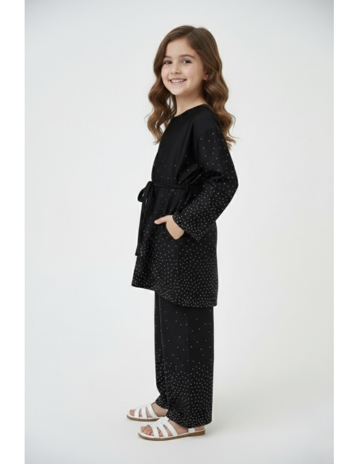 Ensemble satiné noir haut manches longues + pantalon avec strass – fille - Accueil