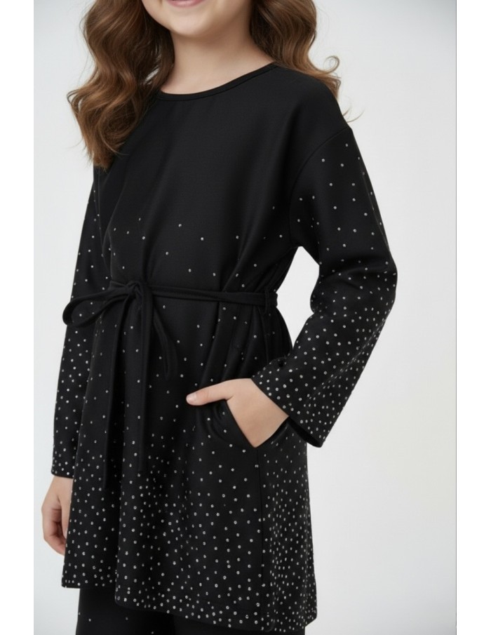 Ensemble satiné noir haut manches longues + pantalon avec strass – fille - Accueil