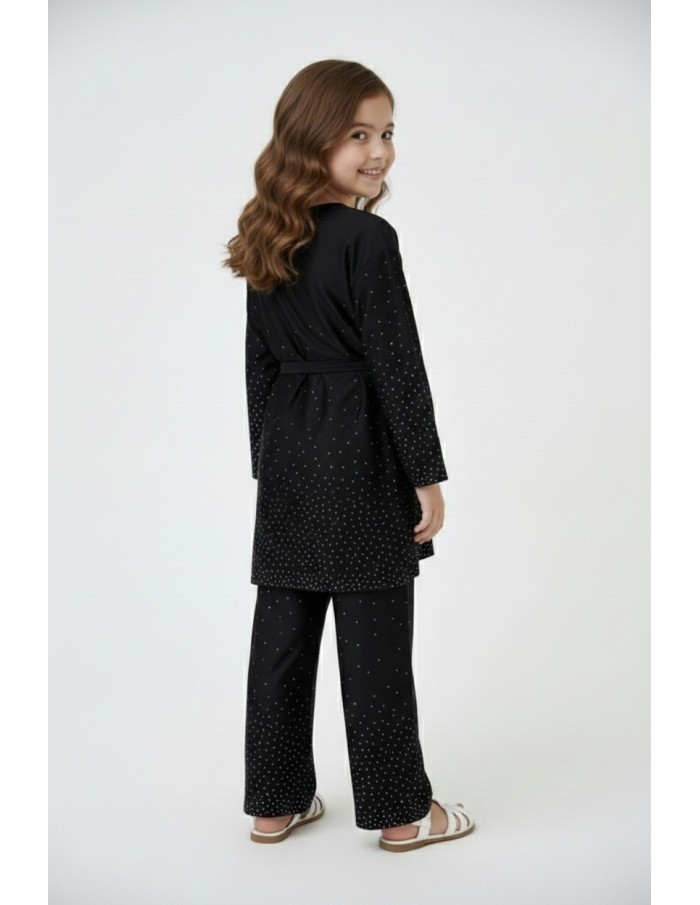 Ensemble satiné noir haut manches longues + pantalon avec strass – fille - Accueil