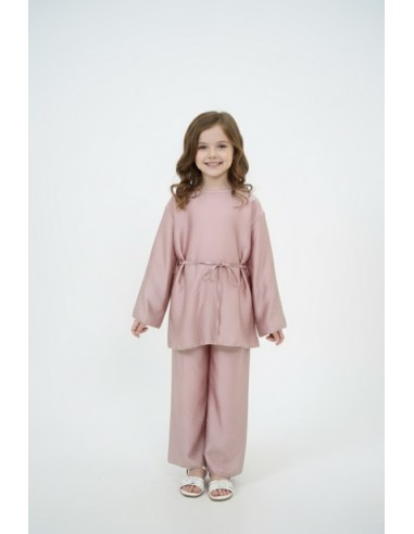 Ensemble satiné rose haut manches...