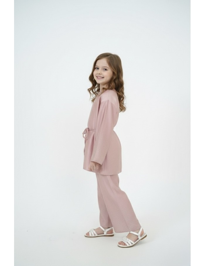 Ensemble satiné rose haut manches longues + pantalon avec strass – fille - Accueil
