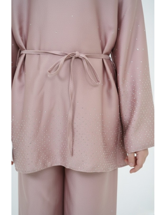 Ensemble satiné rose haut manches longues + pantalon avec strass – fille - Accueil