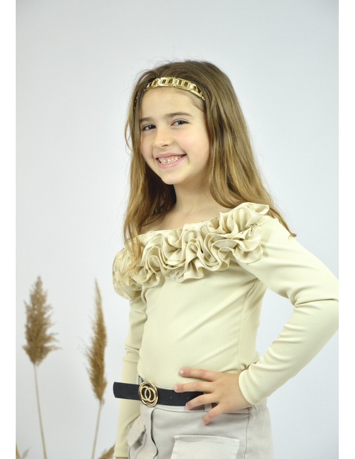 BODY BEIGE À VOLANT MANCHES LONGUES – FILLE