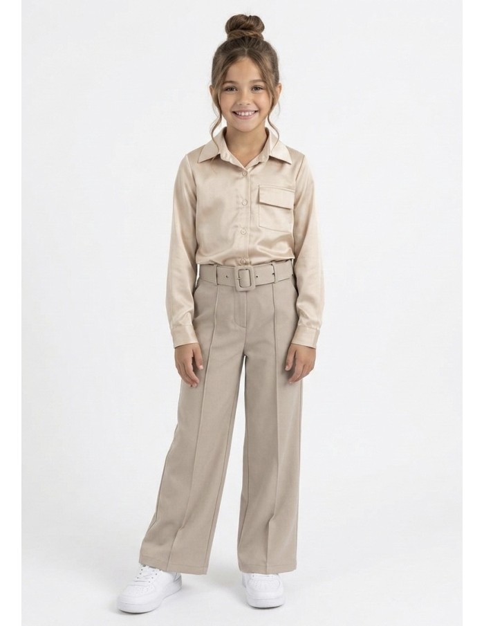 Ensemble beige chemise satinée + pantalon droit ceinturé – FILLE