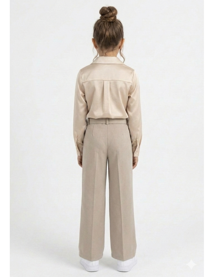Ensemble beige chemise satinée + pantalon droit ceinturé – FILLE
