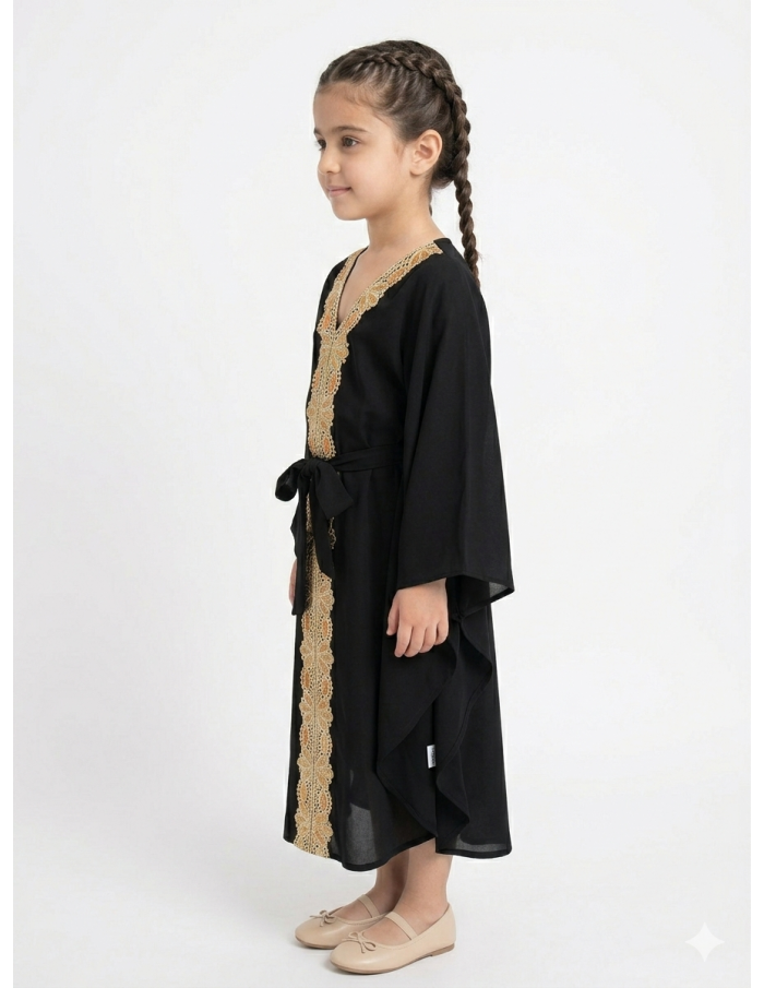 Robe Abaya noire col V fille – Élégance et raffinement