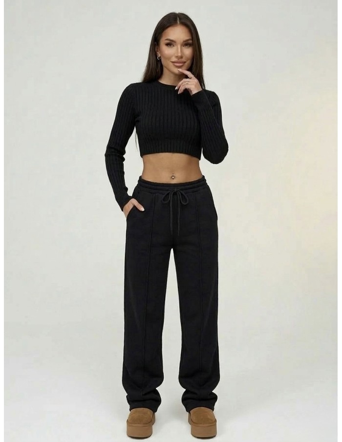Jogging droit noir doublé – FEMME