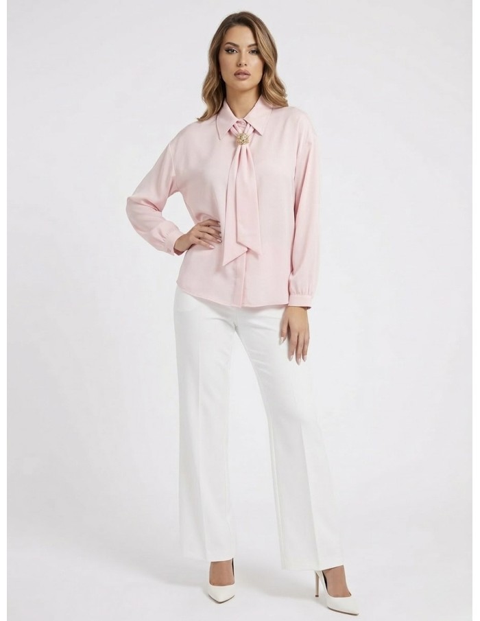 BLOUSE SATINÉE ROSE POUDRÉ NŒUD BIJOUX - FEMME