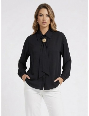 BLOUSE SATINÉE NOIR NŒUD BIJOUX - FEMME