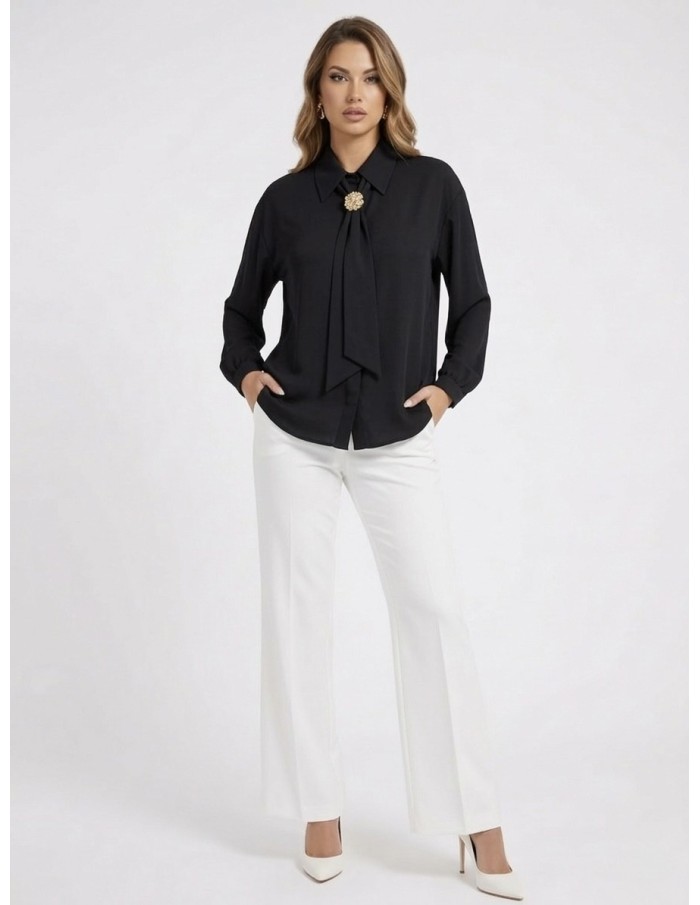 BLOUSE SATINÉE NOIR NŒUD BIJOUX - FEMME