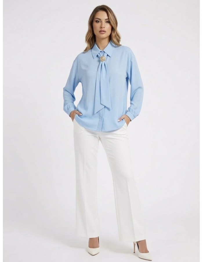BLOUSE SATINÉE BLEU NŒUD BIJOUX - FEMME