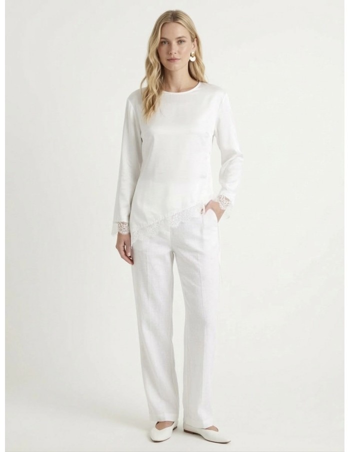 TOP SATINÉ BLANC FINITION DENTELLE RESSERRÉ DOS - FEMME