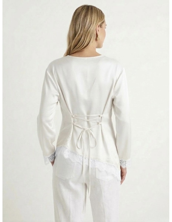 TOP SATINÉ BLANC FINITION DENTELLE RESSERRÉ DOS - FEMME